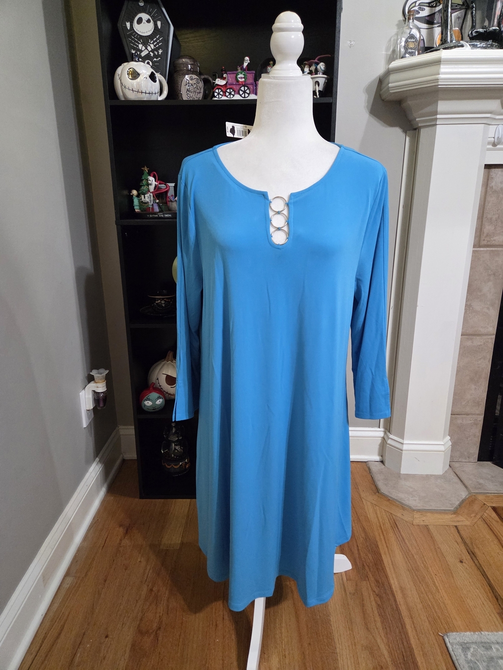 new directions Blue Ring-Detail Quarter Sleeve Dress